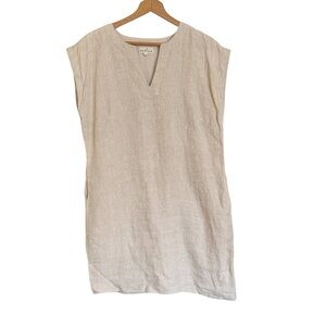 Aspiga Linen Organic Cotton Lined Beige Lagenlook V-Neck Shift Dress size L